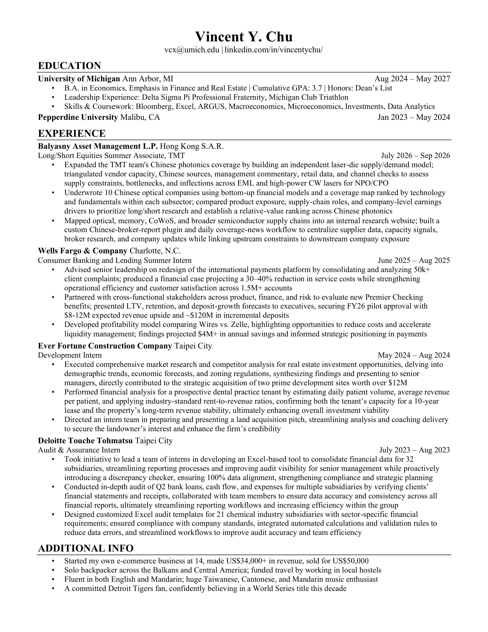 Vincent Y. Chu’s résumé, including education, work experience, and additional information.